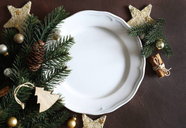 istock Christmas tree branch, empty plate, Christmas decoration. 1362586468
