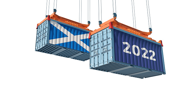 Trading 2022. Freight container with Scotland flag. 3D Rendering