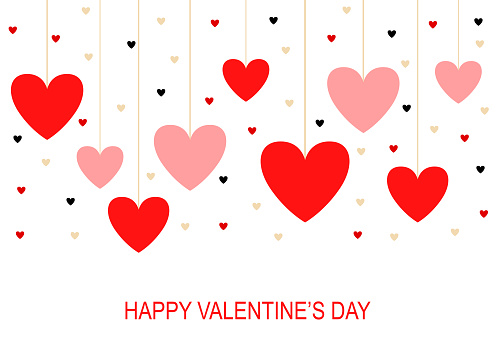 Vector illustrations of Valentines day greeting card with hanging hearts