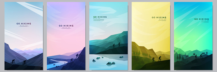 Vector illustration. Travel concept of discovering, exploring and observing nature. Hiking. Adventure tourism. Minimalist graphic flyers. Polygonal flat design for gift voucher, coupon, wallpapers