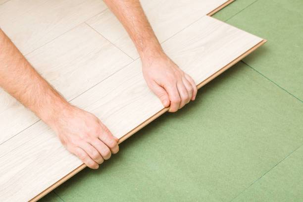 Young man hands laying light color laminate on green natural wood fiber insulation board. Flooring installation on fibreboard underlay. Repair work of home. Renovation process. Closeup. stock photo