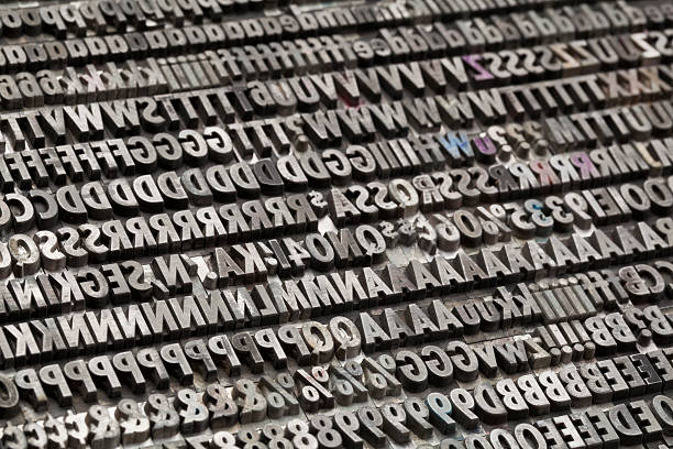 letters, numbers and punctuation symbols in old grunge metal movable typeset