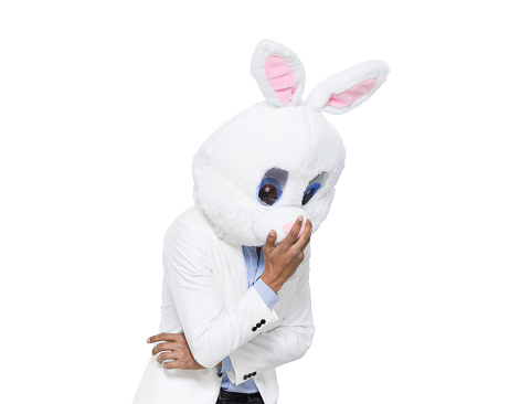 Portrait of aged 20-29 years old with black hair african-american ethnicity male in front of white background wearing costume who is bizarre and wearing wearing a rabbit mask mask