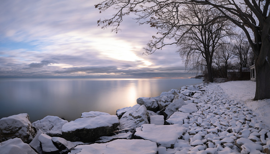 Frozen Lake Bled at sunrise.