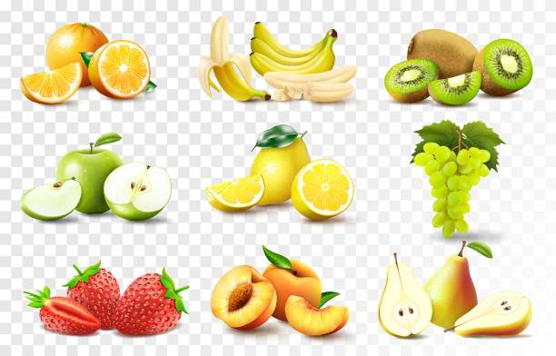 Ð¡ÐÐ¢ ÐÐÐÐÐ¬Ð¡ÐÐ Set of 3d realistic juicy fruits apple, banana, orange, lemon, grapes., peach, strawberry, pear, kiwi. Whole and halved fruits, fruit wedges. High quality image isolated on transparent background green apple slice stock illustrations