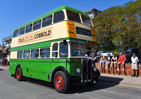 Felixstowe, Suffolk, England - May 06, 2018:  Vintage AEC Regent Double Decker Green Bus on the Road.