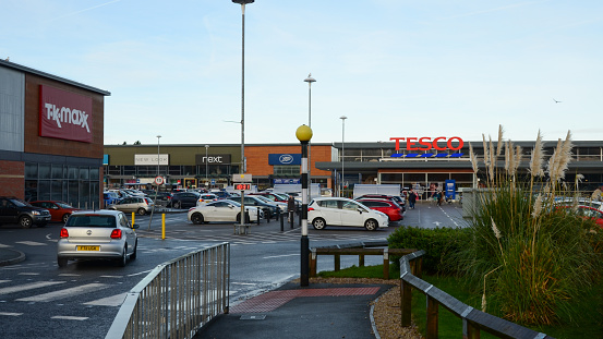 Prestatyn, UK: Dec 14, 2021: Prestatyn Shopping Park is a modern retail park adjacent to the town centre. Seen here is the Nant Hall Road entrance.