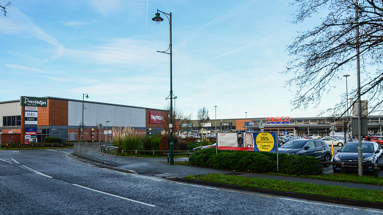 Prestatyn, UK: Dec 14, 2021: Prestatyn Shopping Park is a modern retail park adjacent to the town centre. Seen here is the Nant Hall Road entrance.