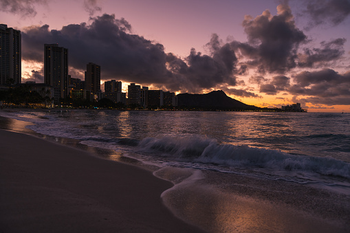 Colorful Sunset Reflections Waikiki Beach Swimmers Diamond Head Hotels Honolulu Oahu Hawaii