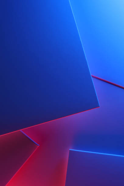 Abstract background of geometrical shaped papers under neon lights with copy space