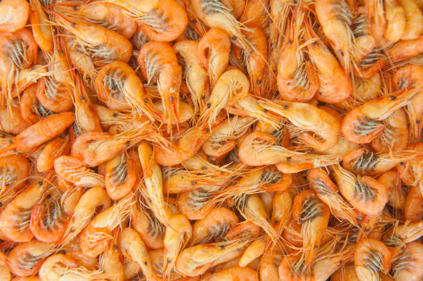 istock Cooked shrimps food background, top view 1362602780