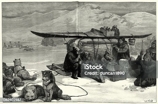istock Victorian Explorers from Frederick Schwatka's Search for Franklin's expedition, under Divide Hill, Dog sled team 1362602987
