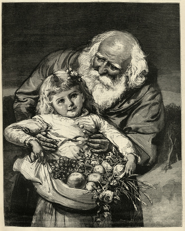 Vintage illustration, Little girl holding a basket of fruit with Father Christmas, Victorian, 1880s, 19th Century, Nostalgia