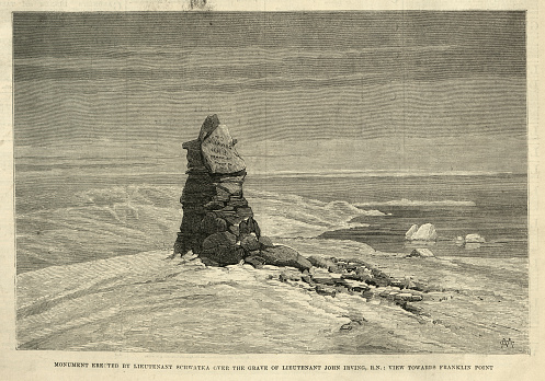 Vintage illustration, Frederick Schwatka's Search for Franklin's expedition, Monument erected at the grave of John Irving