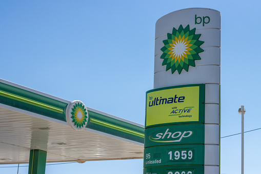 BP Petrol Station near Fira on Santorini in South Aegean Islands, Greece. This is a global petrol business, British Petroleum.