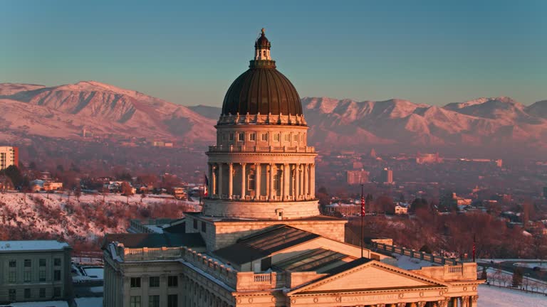 Drone Flight Around Utah State Capitol Building at Dusk