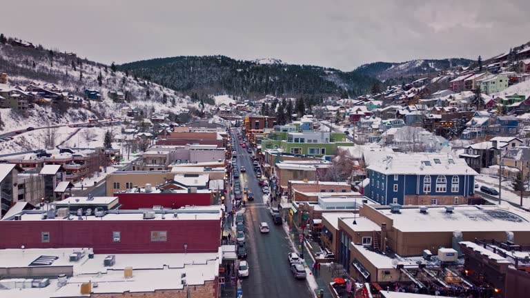 Sweeping Aerial Shot of Downtown Streets in Park City, Utah