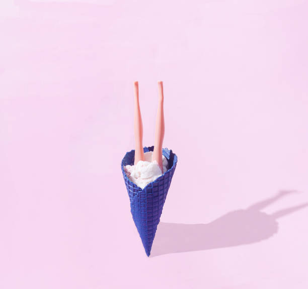 istock Womens's legs emergning from a blue cone with ice cream. Conceptual summer vibes design. Summer holidays artistic vision. 1362606580