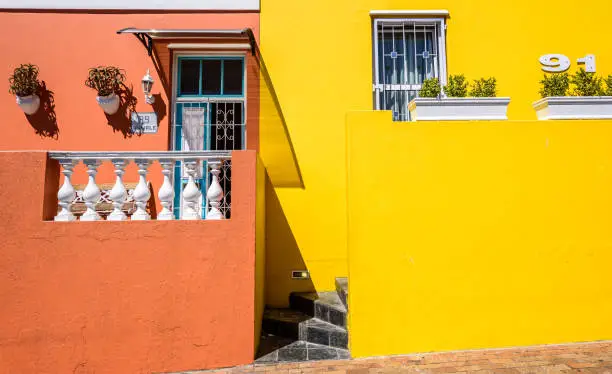 Colourful buildings in Muslim Bo-Kaap district in Cape Town, South Africa.