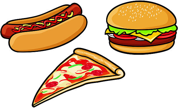 фастфуд (хот-дог, пиццу, гамбургер - hot dog hamburger burger grilled stock illustrations