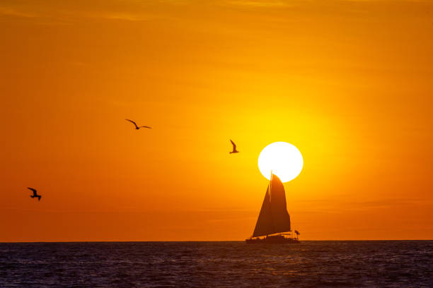 sonnenuntergang am playa grande, costa rica - environment nature tranquil scene nautical vessel stock-fotos und bilder