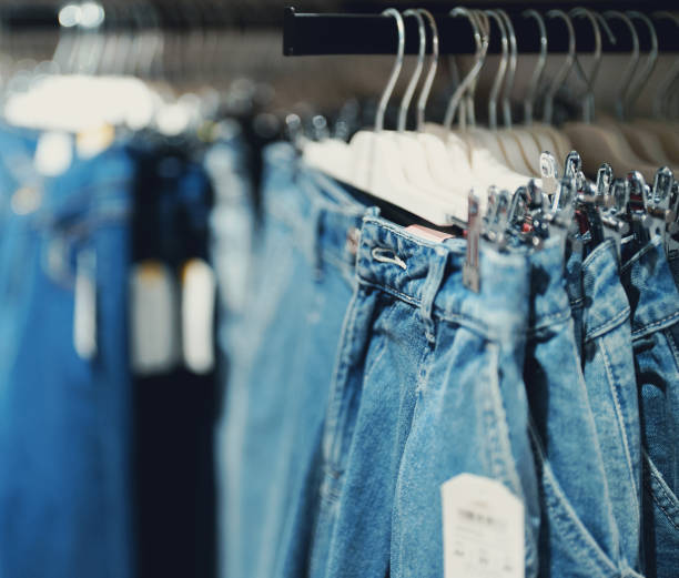 istock Rack with jeans in clothing store. 1362610281