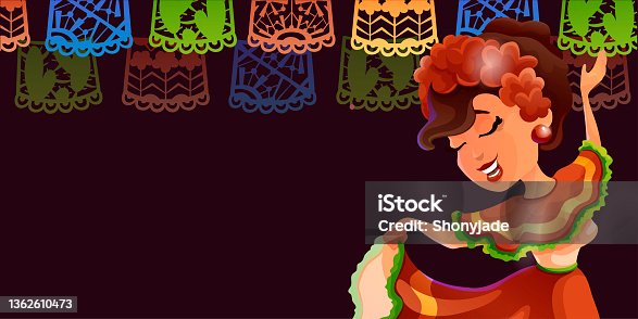 istock Dark header with a cute dancing mexican woman 1362610473