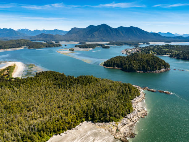 photo aérienne de clayoquot tofino vancouver island bc, canada - île de vancouver photos et images de collection