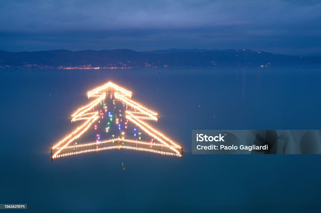 Christmas tree in the water, Castiglione del Lago Christmas Stock Photo