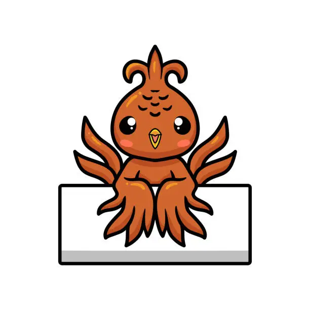 Vector illustration of Cute little phoenix cartoon with blank sign