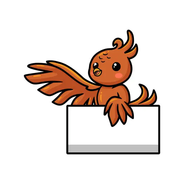 Vector illustration of Cute little phoenix cartoon with blank sign waving hand