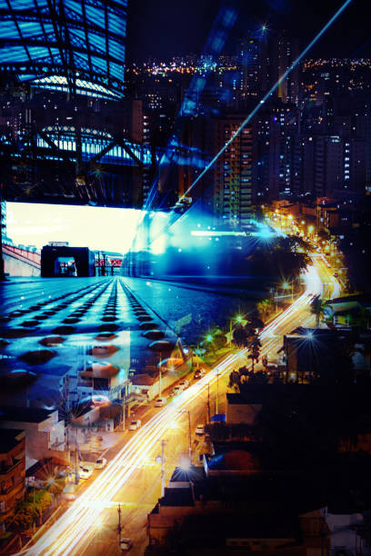 istock Abstract city night blurred light double exposure moving train and people background. Concept image. 1362630745