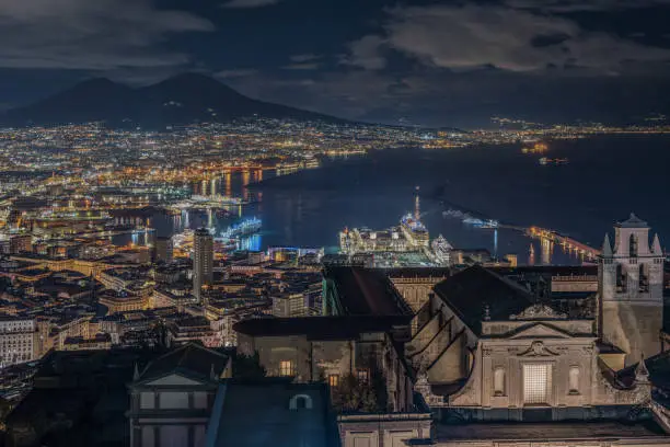 Amazing night cityscape of Naples and the Gulf viewed form Sant'Elmo Castle, Italy