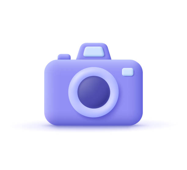 fotokamera mit objektiv und taste.3d vektorsymbol. cartoon minimaler stil. - camera lens photography digitally generated image stock-grafiken, -clipart, -cartoons und -symbole