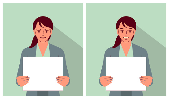 Vector Art Illustration.
A young and beautiful woman holds a blank sign with different emotions.