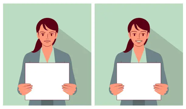 Vector illustration of A young and beautiful woman holds a blank sign with different emotions