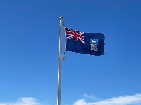 Flag of the Falkland Islands flying in Port Stanley