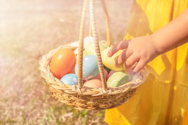 Photo of A child takes out an Easter egg from a basket