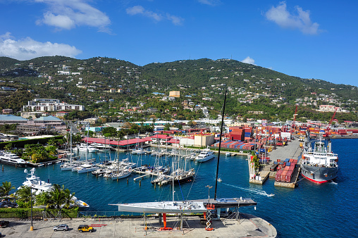 View of English Harbor from Shirley Heights, Antigua, paradise bay at tropical island in the Caribbean