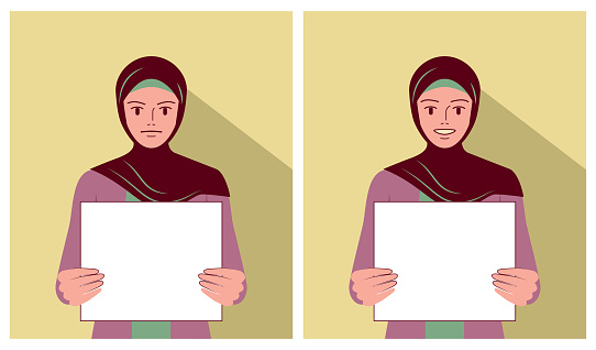 A young and beautiful Muslim woman holds a blank sign with different emotions