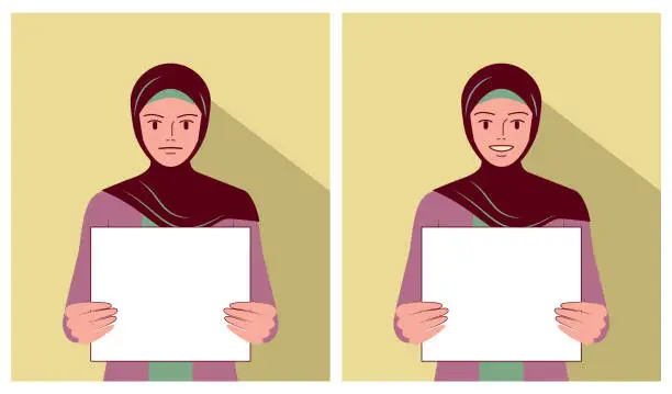 Vector illustration of A young and beautiful Muslim woman holds a blank sign with different emotions