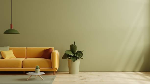 istock Mockup living room interior with sofa on empty pastel color wall background. 1362633690