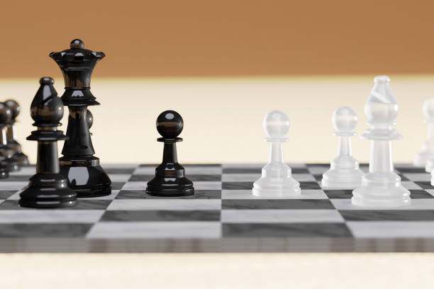 início do jogo, duas equipes de xadrez na frente de diferentes cores brancas e pretas no tabuleiro de xadrez, estratégia de marketing - chess coordination leadership strategy - fotografias e filmes do acervo