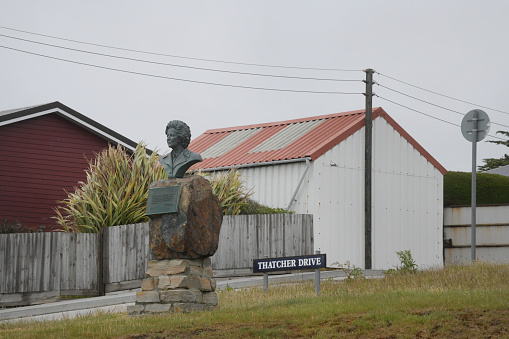 Thatcher Drive and monument in Port Stanley, the capital of the Falkland Islands, named after British Prime Minister Margaret Thatcher took the decision to liberate the Falklands