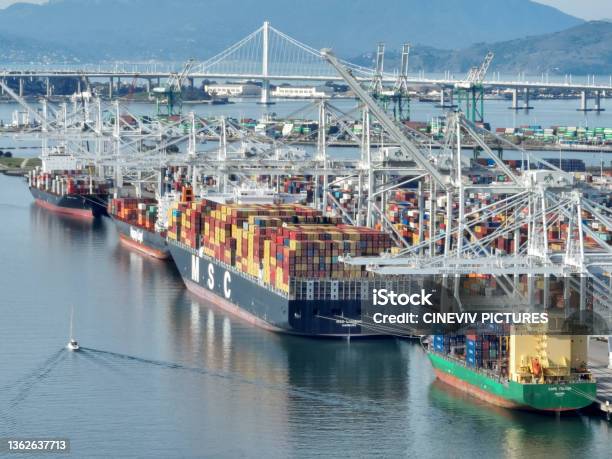Aerial View Of Port Of Oakland Stock Photo - Download Image Now - Commercial Dock, Oakland - California, Harbor