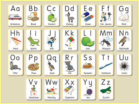 Vector illustration of the alphabet flash card A-Z Uppercase or lowercase letters for beginners ABC