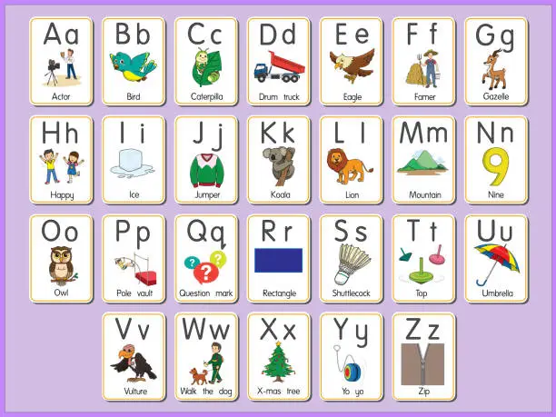 Vector illustration of Vector illustration of the alphabet flash card A-Z Uppercase or lowercase letters for beginners ABC
