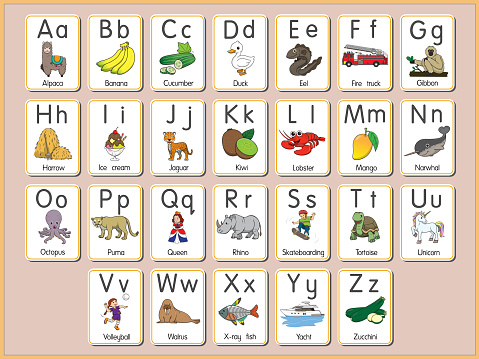 Vector illustration of the alphabet flash card A-Z Uppercase or lowercase letters for beginners ABC