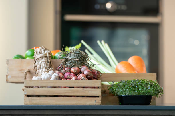 group of vegetable carrot, potato, lime, tomato, onion, shallot bundle, garlic bundle and micro herb in wood box. it's shot in studio light. - carbohydrate freshness food and drink studio shot imagens e fotografias de stock