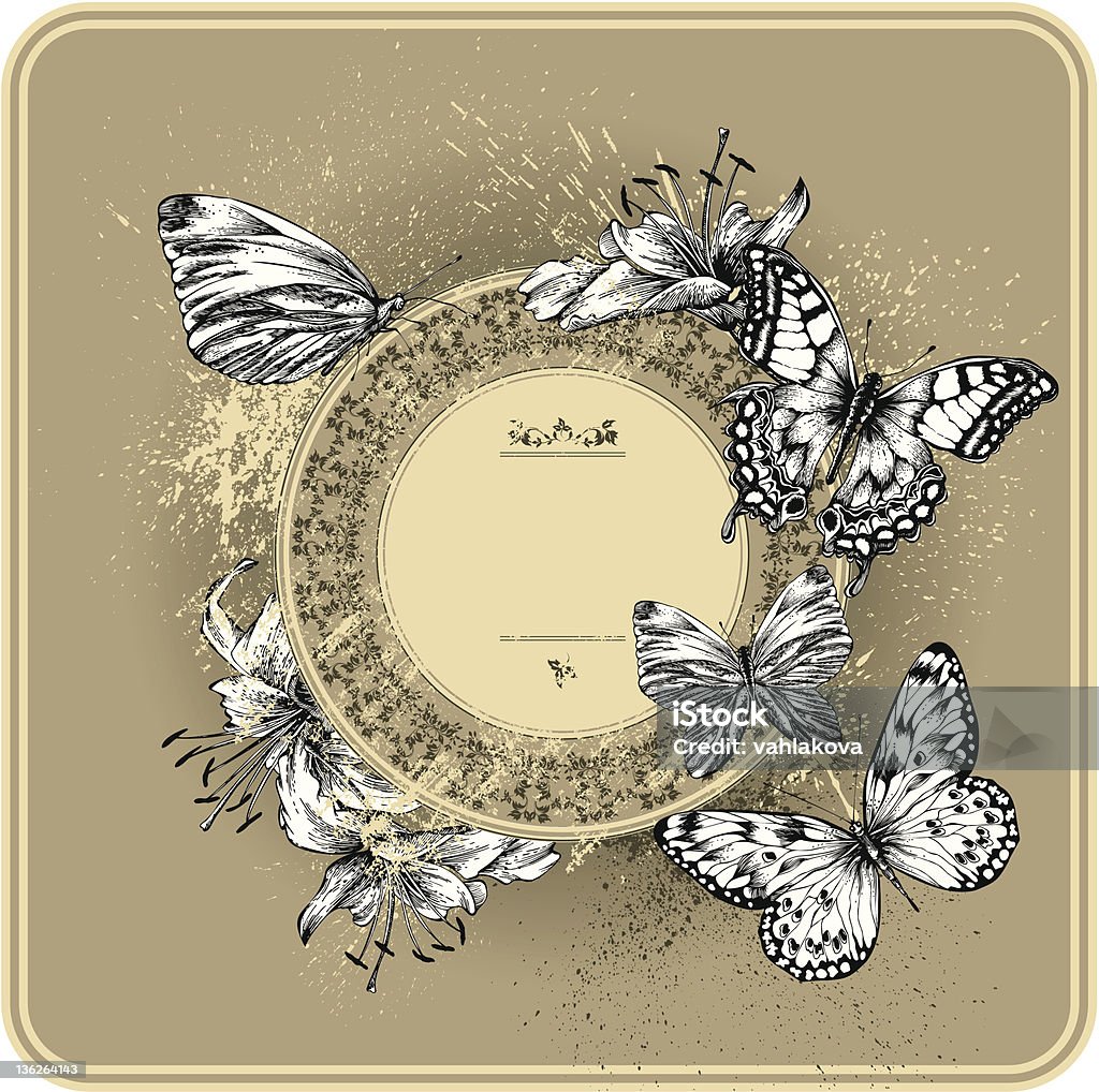 Винтажная рамка с цветущими лилии и бабочек, рука рисунок. - Векторная графика Бабочка роялти-фри